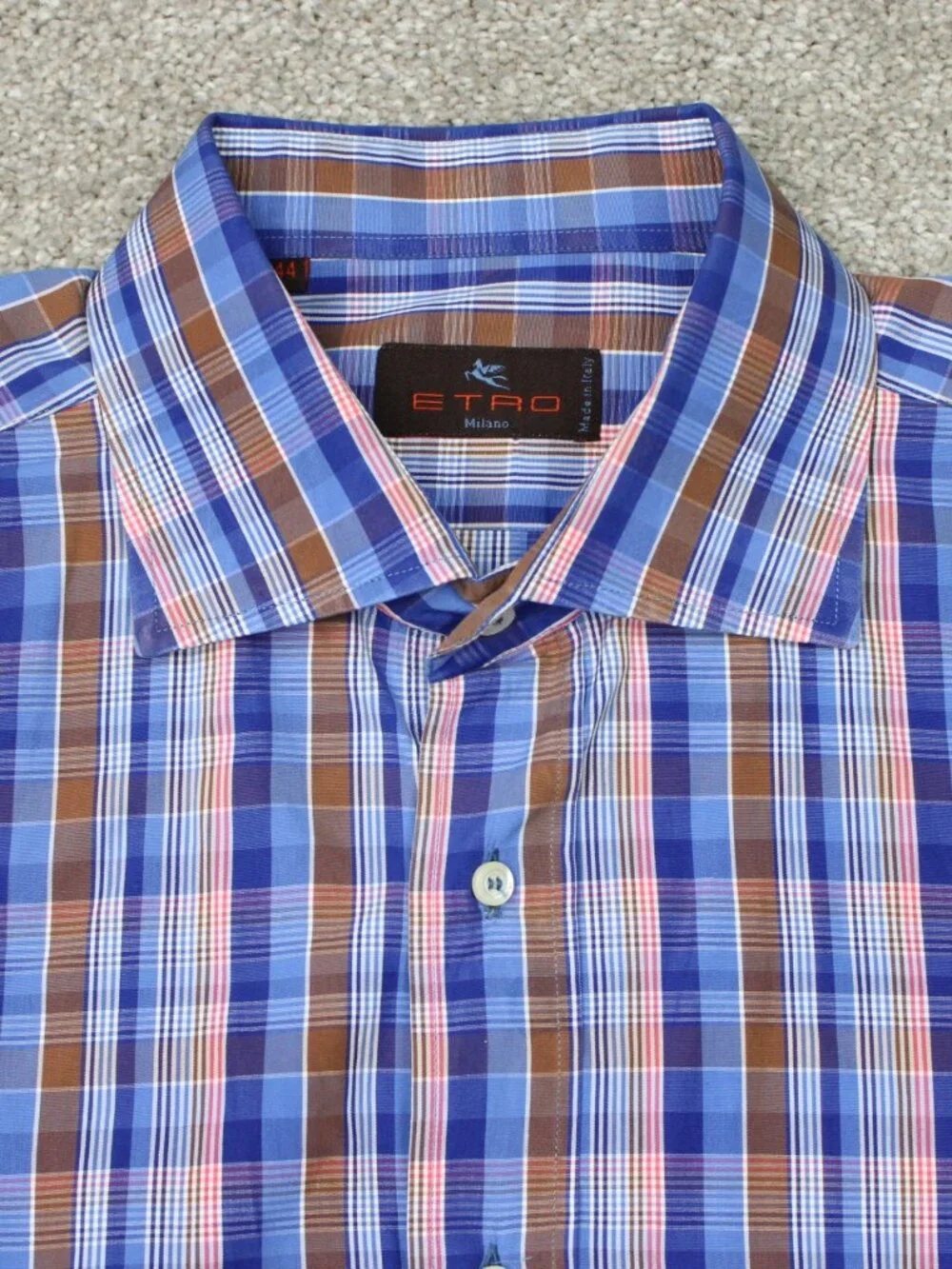 ETRO Milano Shirt Mens 44, XL Blue/Pink Check 100% Cotton Long Sleeve Button